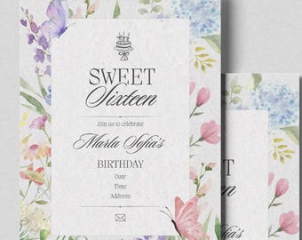 Floral Sweet 16 Invitation Template, Watercolor Butterfly Birthday Invite, Editable Canva Garden Party