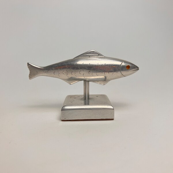 Vintage Stainless Steel Silver Fish with Orange Jeweled Eyes Mounted on Stand