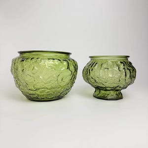 Mid Century Pair of Avocado Green Crinkle Glass Vases by E.O. Brody Company. Made in Cleveland Ohio USA