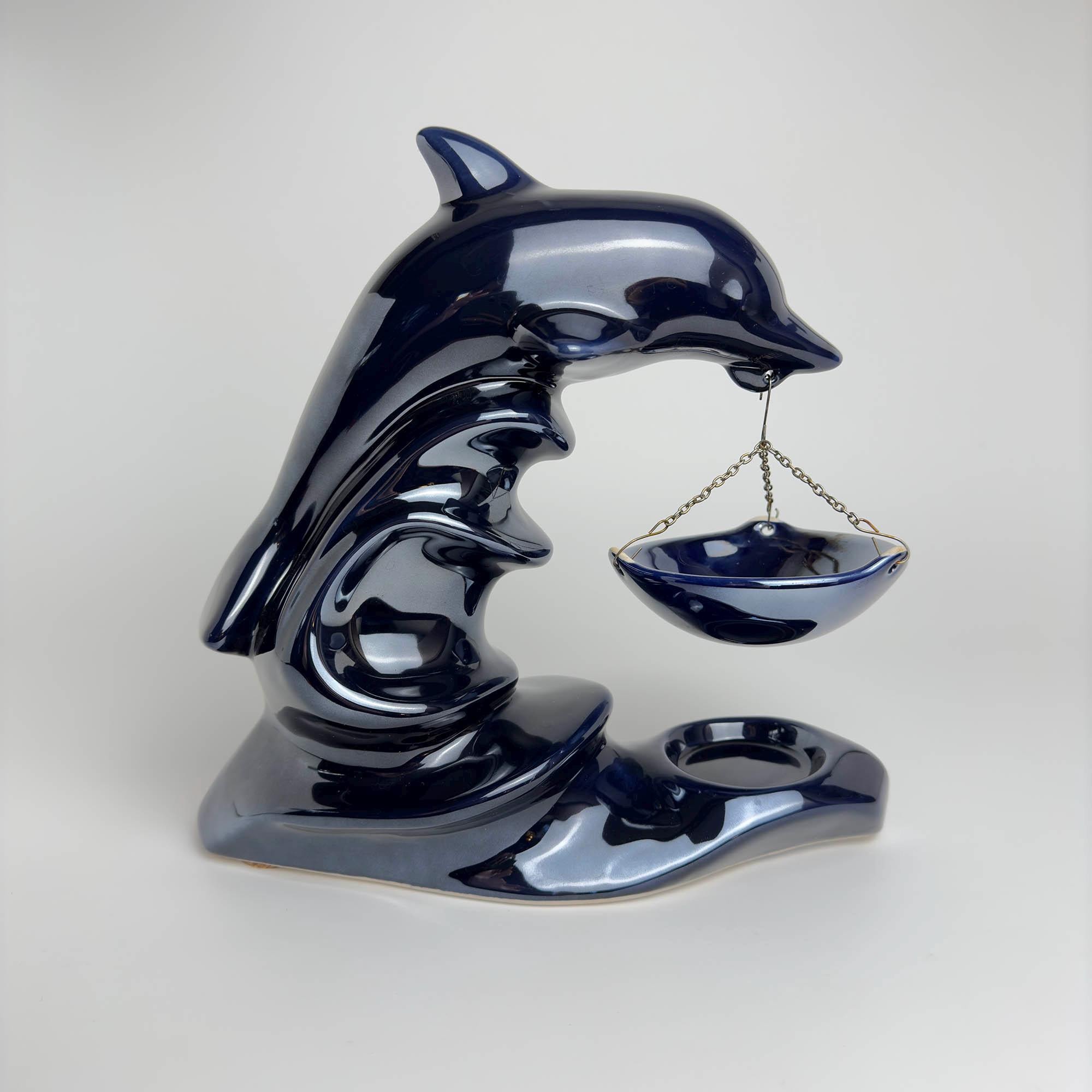 Vintage Iridescent Navy Blue Ceramic Dolphin With Waves Candle