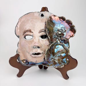 Studio Pottery Black Clay Raku Ceramic Mask with Water Lillies and a Small Frog. Signed Dawni
