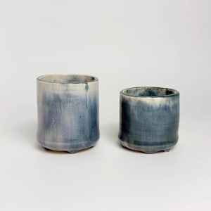 Studio Pottery Pair of Pastel Blue & Purple Dripped Glaze Espresso Cups. Signed CF.