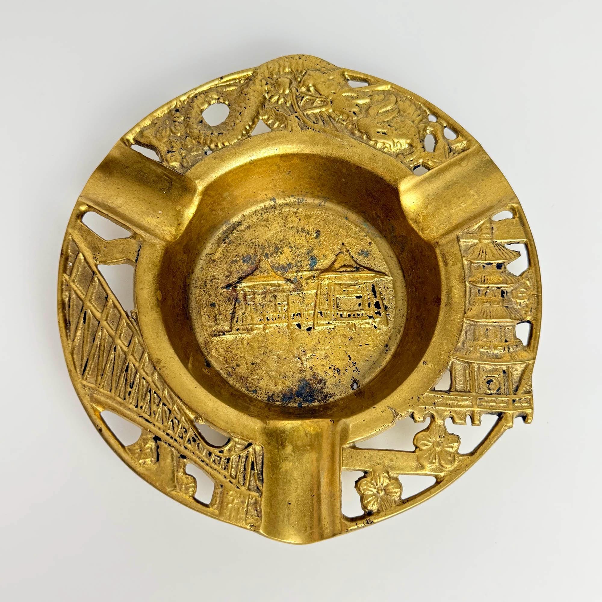 Vintage Ornate Chinese Brass Ashtray With a Dragon & Buddhist