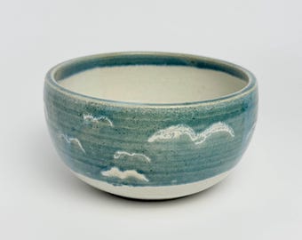 Studio Pottery Artisan Ceramic Blue and White Coastal Inspired Bowl. Signed H