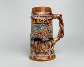 Vintage 1960’s Alaska Ceramic Beer Stein Mug with Native Alaskan Wildlife. Made in Japan