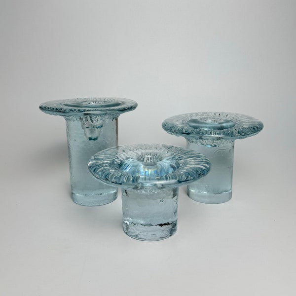 Vintage 1960’s Blenko Bubbled Clear Glass Set of 3 Mushroom shaped Candlestick Holders