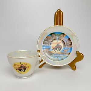 Vintage 1960&#39;s Wyoming Souvenir Tasse und Untertasse &quot;Wonderful Wyoming&quot; Lustreware. Von AllenLewis.