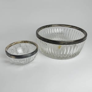 Vintage Pair of Silver Rimmed Clear Crystal Bowls. Leonard Italy Crystal