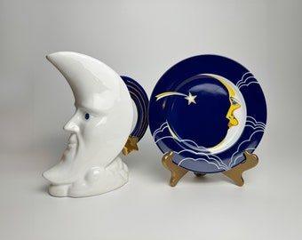 Vintage 1986 Pelzman Vandor Moon Pitcher with included Vintage 1970’s Fitz and Floyd Stardust Plate.