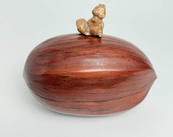 Vintage Ceramic Peanut Shaped Candy Dish & Lid with Squirrel. Signed Jeanne