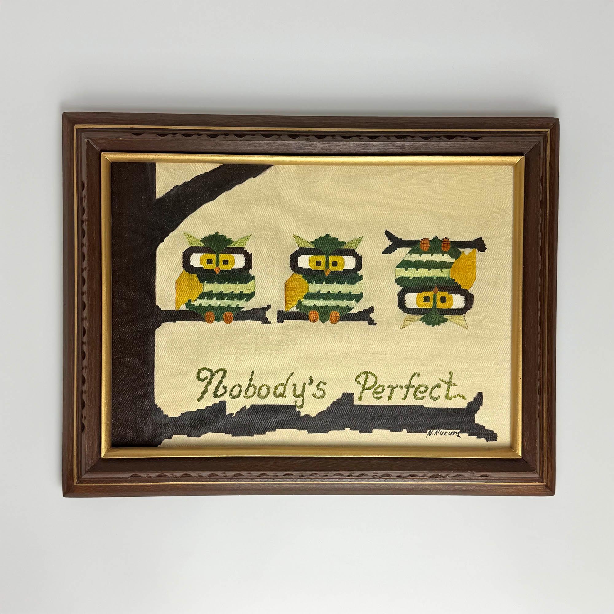 Vintage Nobody&rsquo;s Perfect Owl Hand Painted Needlepoint Inspired Canvas Art with Wooden Frame