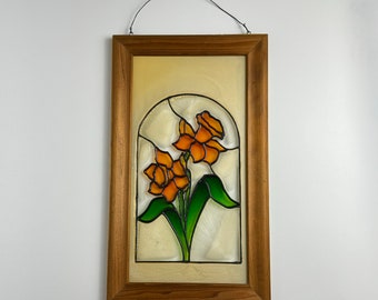 Vintage Orange Daffodil Stained Glass Window Panel with Wooden Frame