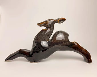 Vintage 1960’s Ceramic Speckled Brown Glazed Roe Deer Sculpture. Numbered 10