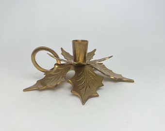 Vintage 1970s Brass Holly Leaf Holiday Candlestick Holder. Made in India