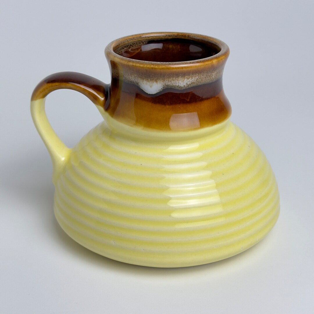 Vintage 1970s Ceramic Wide Bottom Coffee Mug. Dripped Glaze, Brown