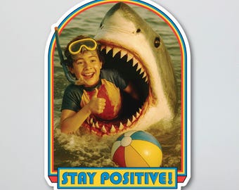 Stay Positive! 70’s Beach trip with Boy in the Mouth of Shark Custom Designed Sticker