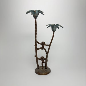 Mid Century Brass Palm Tree Tapered Candle Holder with Monkeys.