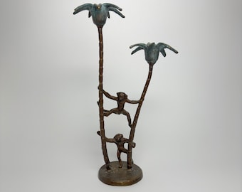 Mid Century Brass Palm Tree Tapered Candle Holder with Monkeys.