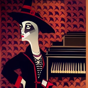 Könnte beinhalten: Eine Frau in einem schwarzen Hut mit rotem Band und einem schwarzen Kleid mit roten Verzierungen steht vor einem Keyboard im Vintage-Stil mit einem braunen Holzkasten. Der Hintergrund ist eine gemusterte Tapete in Orange- und Brauntönen.