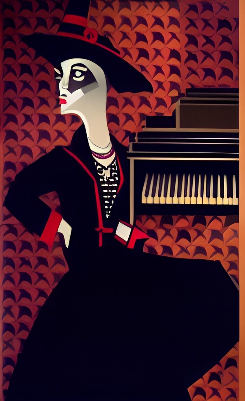 May include: A woman wearing a black hat with a red band and a black dress with red trim stands in front of a vintage-style keyboard with a brown wood case. The background is a patterned wallpaper with orange and brown tones.