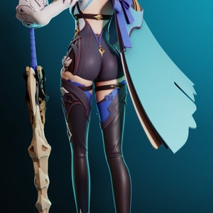 May include: A 3D printed figurine of a female character with white hair, wearing a blue and black outfit with a long blue cape. She is holding a sword in her right hand and is standing on a blue platform.