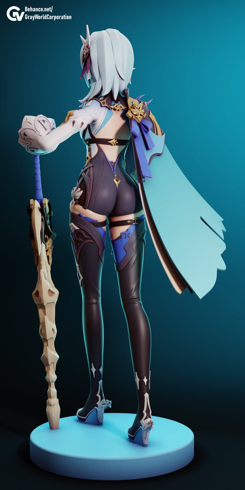 May include: A 3D printed figurine of a female character with white hair, wearing a blue and black outfit with a long blue cape. She is holding a sword in her right hand and is standing on a blue platform.