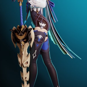 May include: A white-haired anime character with blue eyes, wearing a white and blue outfit, holds a large, ornate sword with a bone-like blade. The character is standing on a blue platform against a blue background.