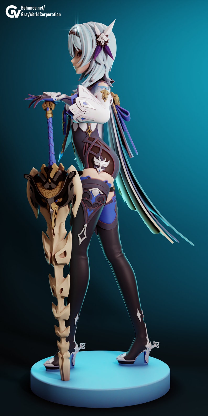 May include: A white-haired anime character with blue eyes, wearing a white and blue outfit, holds a large, ornate sword with a bone-like blade. The character is standing on a blue platform against a blue background.