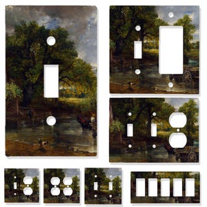 May include: A collection of decorative light switch covers featuring a landscape painting with a river, trees, and figures. The artwork is reproduced on various switch plate configurations, offering a unique aesthetic for home decor.