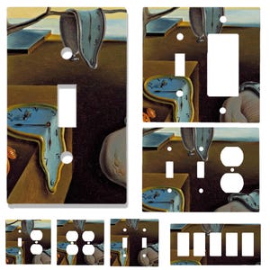 May include: Decorative light switch covers featuring a surrealist painting with melting clocks, reminiscent of Salvador Dalí's work. The color palette includes browns, blues, and yellows, creating a dreamlike aesthetic. The covers are designed for various switch and outlet configurations.