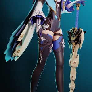 May include: A 3D printed figurine of a female character with blue hair, wearing a white and blue outfit with gold accents, holding a sword with a bone-like handle. The character is standing on a blue platform.