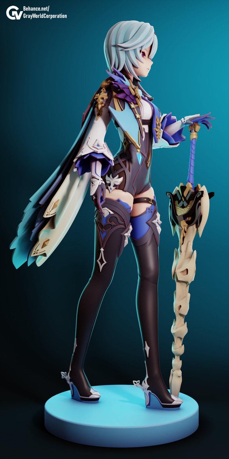 May include: A 3D printed figurine of a female character with blue hair, wearing a white and blue outfit with gold accents, holding a sword with a bone-like handle. The character is standing on a blue platform.