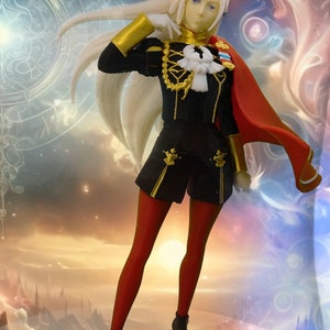 May include: A white-haired figurine of a woman wearing a black and gold uniform with a red cape. She is standing on a rocky base with a fantasy-themed background.