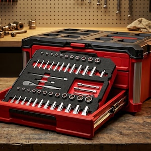 Puede incluir: Una caja de herramientas roja y negra con un cajón abierto, que revela un juego de herramientas. Las herramientas están ordenadas en un inserto de espuma negra. La caja de herramientas está sobre una superficie de madera, con un fondo de taller.