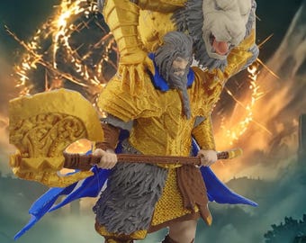 May include: A 3D printed miniature figurine of a warrior wearing golden armor and holding a large axe. The warrior has a long beard and is standing on a rocky base. The warrior is wearing a lion's head as a helmet.