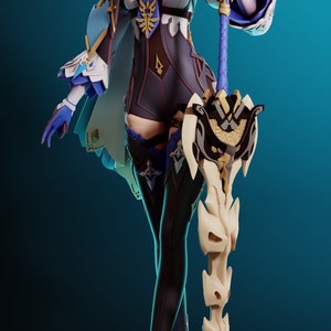 May include: A 3D rendered anime character with white hair and purple eyes, wearing a white and blue outfit with gold accents, holding a large, bone-like sword with gold accents. The character is standing on a blue platform against a blue background.