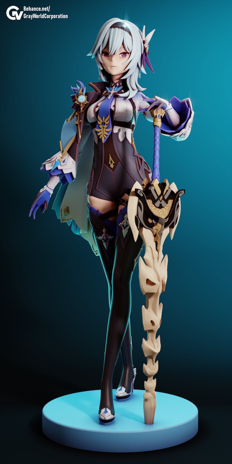 May include: A 3D rendered anime character with white hair and purple eyes, wearing a white and blue outfit with gold accents, holding a large, bone-like sword with gold accents. The character is standing on a blue platform against a blue background.