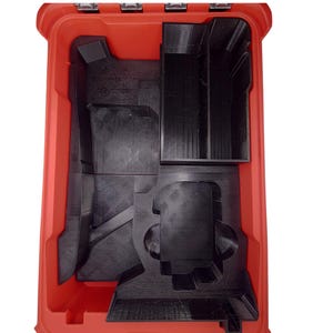 May include: A red plastic tool case with a black interior. The interior has molded compartments and dividers for organizing tools. The case is open, revealing the internal layout designed for tool storage and organization.