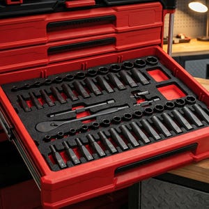 May include: A red toolbox with a drawer open, revealing a set of black tools neatly arranged in a foam insert. The tools include sockets, ratchets, and various other hand tools, ideal for automotive or mechanical work.
