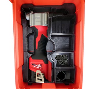 May include: A red and silver power tool in a red plastic case. The tool is labeled "Milwaukee" and has a black handle. The case has a black tray with small metal pieces inside.