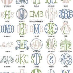 May include: A selection of monogram designs in diverse styles and colours, including pink, blue, green, and gold. Each design features initials with names below, such as "Catherine" and "Louise". The text "MONOGRAM DESIGNS" is at the top.