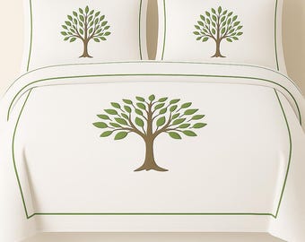 Personalization Tree Embroidery 400 Thread Count Cotton Sateen Hotel Stitch 3 Piece Duvet Cover in Edge Single Embroidery Border