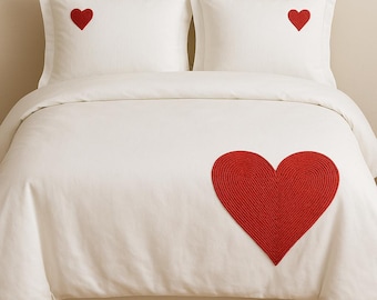 Personalization Thread Heart Embroidery 400 Thread Count Cotton Sateen Hotel Stitch 3 Piece Duvet Cover Set