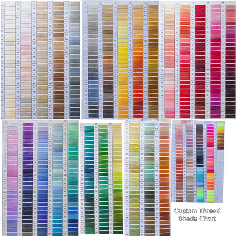May include: A comprehensive thread color chart featuring a wide array of embroidery thread samples arranged in vertical columns. Each sample is labeled with a corresponding numerical code. The text Custom Thread Shade Chart is visible.