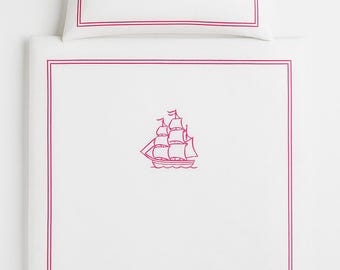 Personalization Boat Embroidery 400 Thread Count Cotton Sateen Hotel Stitch 3 Piece Duvet Cover in Double Embroidery Border