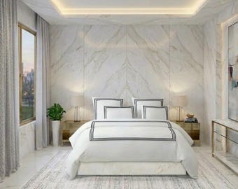 400 Thread Count Cotton Sateen Hotel Stitch 3 Piece Duvet Cover in triple Embroidery Border