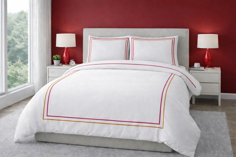 400 Thread Count Cotton Sateen Hotel Stitch 3 Piece Duvet Cover in Double Embroidery Border image 3
