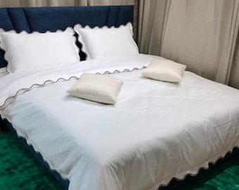 Funda nórdica de 3 piezas de satén de algodón de 400 hilos con costura de hotel y bordado festoneado.