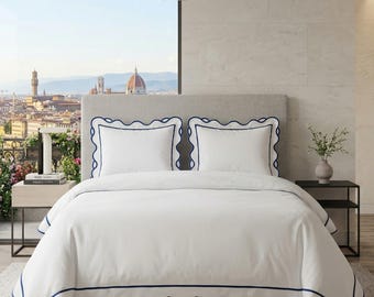 400 Thread Count Cotton Sateen Hotel Stitch 3 Piece Duvet Cover in Scalloped+Border Embroidery