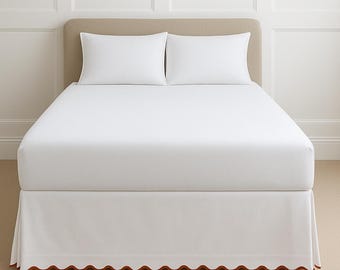 TouchLinen Scalloped Embroidery Tailored bed skirt, 100% Cotton Luxury Bedroom Decor